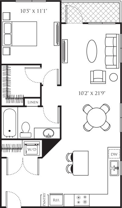 Floor plan for 1 bed, 1 bath, 781 sqft